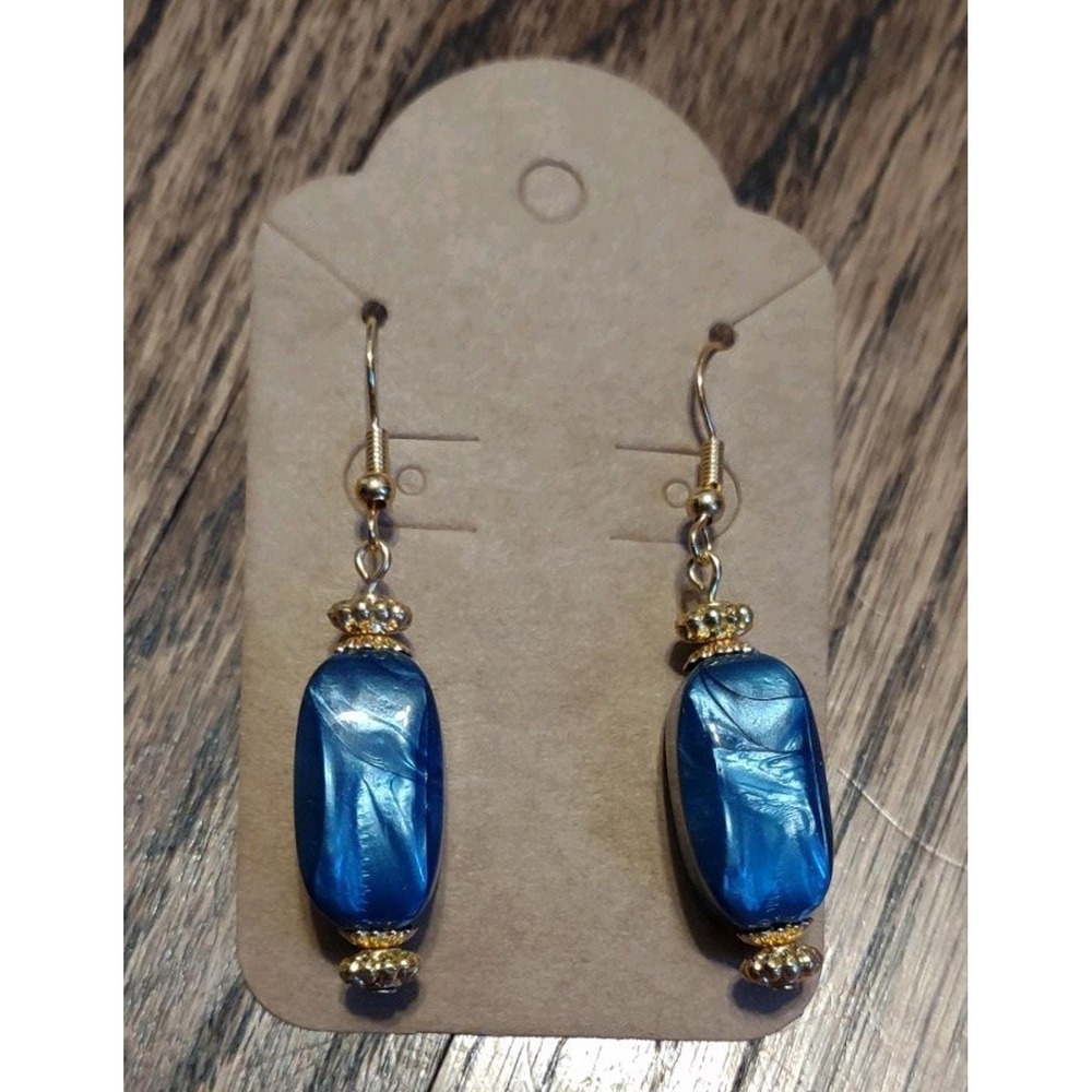 Handmade Cobalt Blue Shimmer Earrings - Gold Tone Dangle - Boho Chic